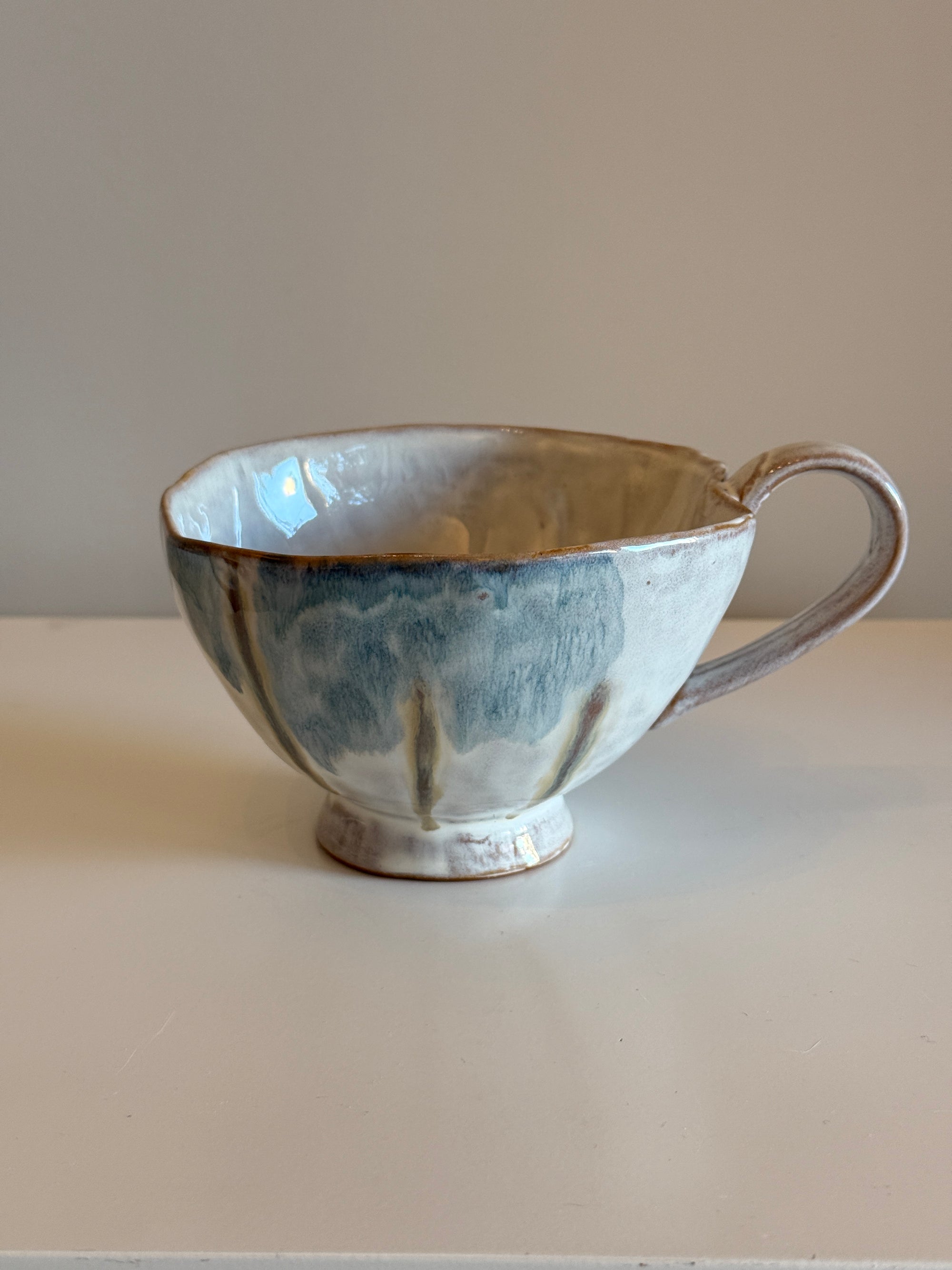 Stoneware Footed Tea Mug - Light Blue & White