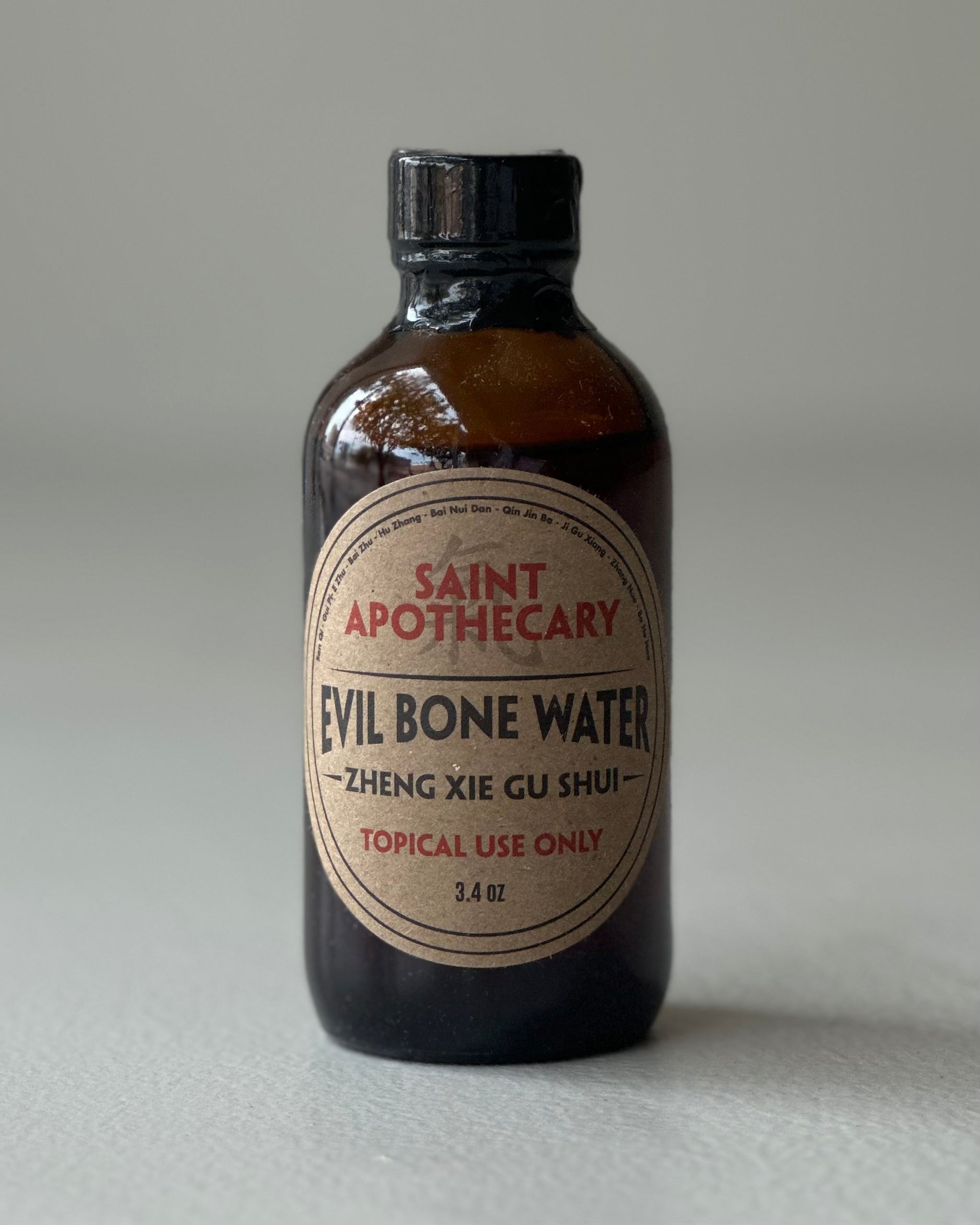 Evil Bone Water bottle from Saint Apothecary, a traditional Chinese medicinal product for pain relief and healing